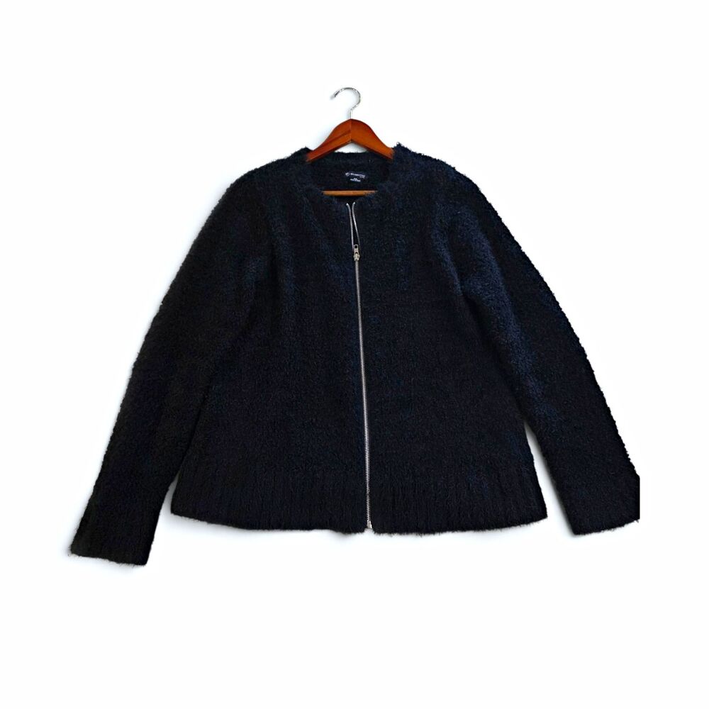 New Directions Petite PXL Black Fuzzy Textured Zip Up Cardigan Sweater Jacket